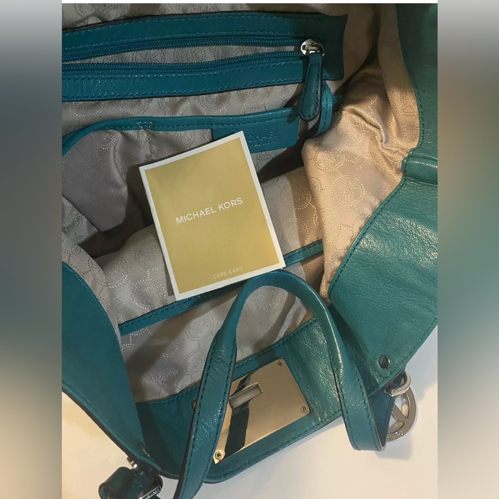Michael Kors Channing Aqua Green Soft Leather Silver Chain MK Logo Hardware Tote - Picture 6 of 14